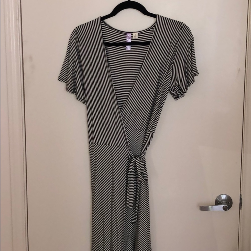 Black and white striped wrap dress